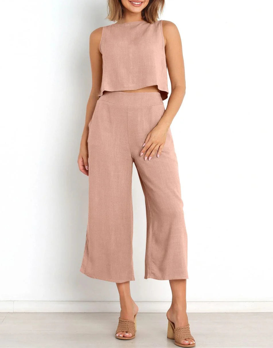Sleeveless Tank Crop Button Back Top Cropped Pants Set With Pockets