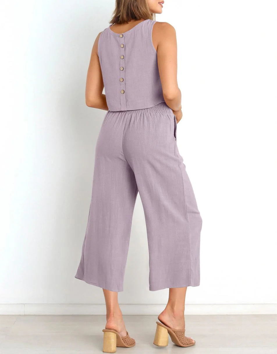 Sleeveless Tank Crop Button Back Top Cropped Pants Set With Pockets
