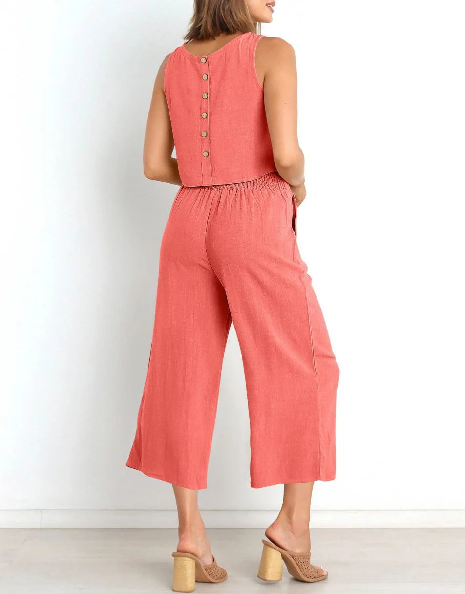 Sleeveless Tank Crop Button Back Top Cropped Pants Set With Pockets