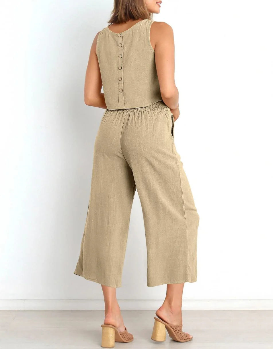 Sleeveless Tank Crop Button Back Top Cropped Pants Set With Pockets