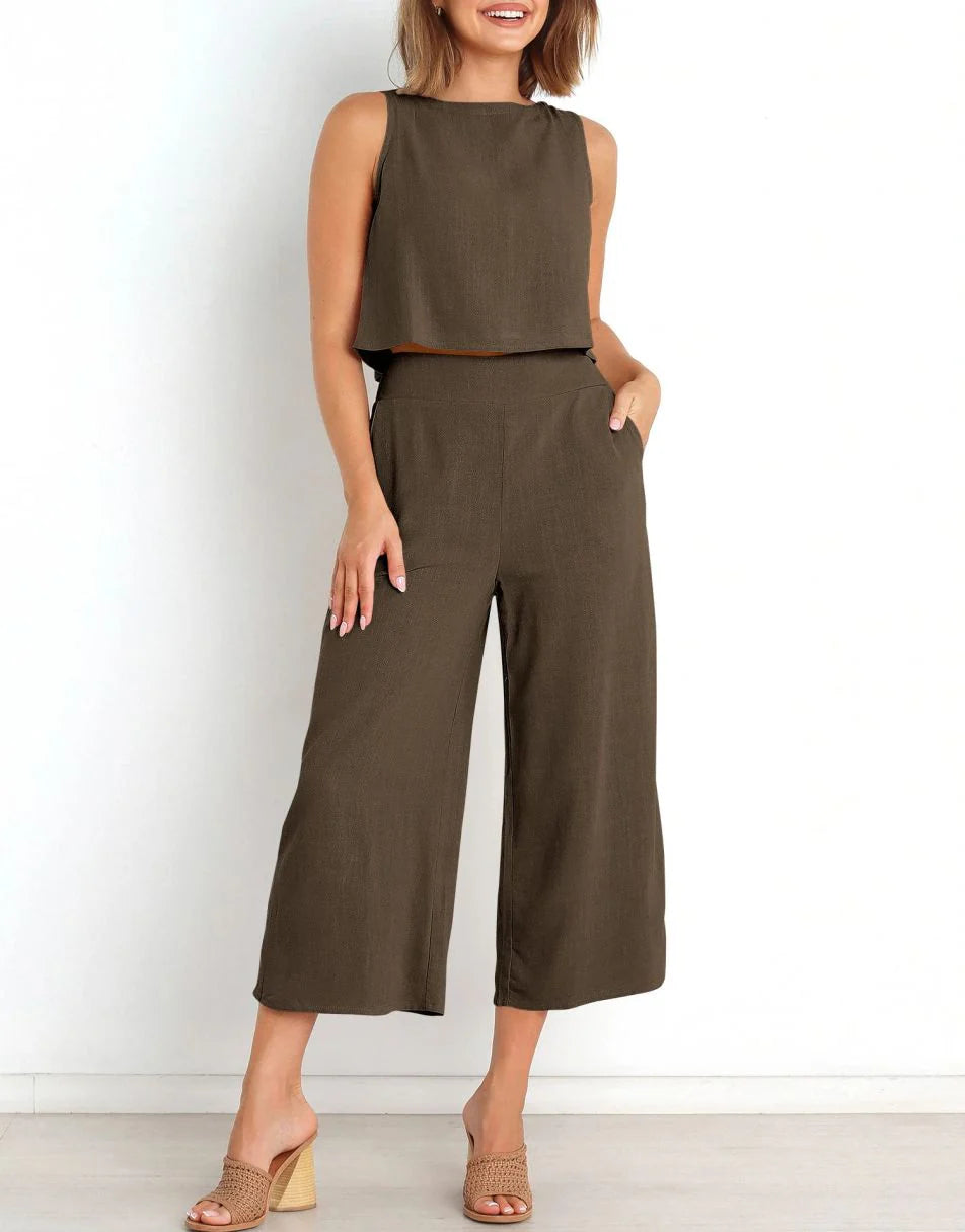Sleeveless Tank Crop Button Back Top Cropped Pants Set With Pockets