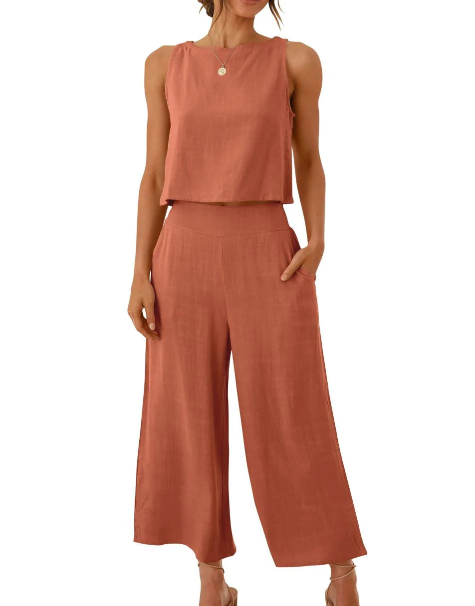Sleeveless Tank Crop Button Back Top Cropped Pants Set With Pockets