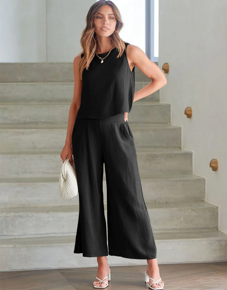 Sleeveless Tank Crop Button Back Top Cropped Pants Set With Pockets