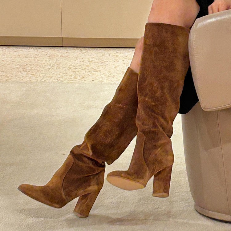 Women’s Suede High Heel Boots | Pleated Thick Heel Pointed Toe