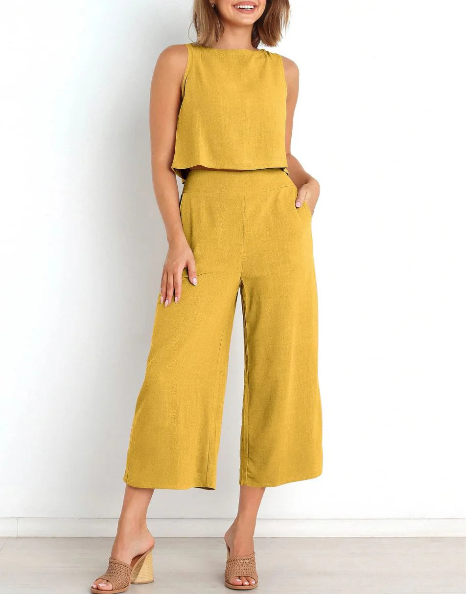 Sleeveless Tank Crop Button Back Top Cropped Pants Set With Pockets