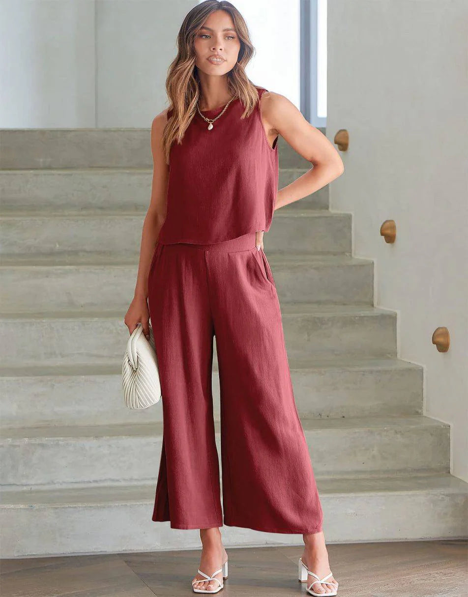 Sleeveless Tank Crop Button Back Top Cropped Pants Set With Pockets