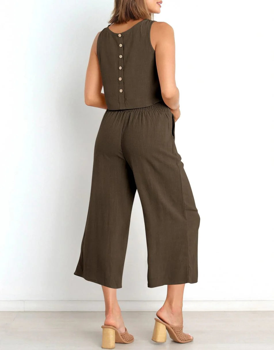 Sleeveless Tank Crop Button Back Top Cropped Pants Set With Pockets