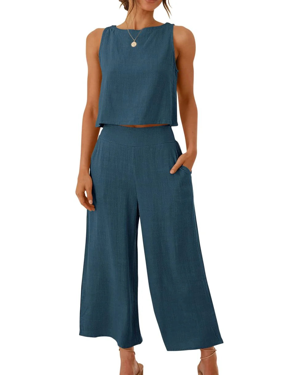Sleeveless Tank Crop Button Back Top Cropped Pants Set With Pockets