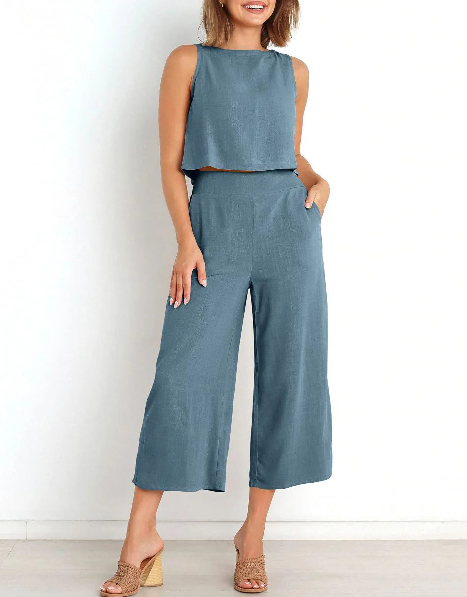 Sleeveless Tank Crop Button Back Top Cropped Pants Set With Pockets