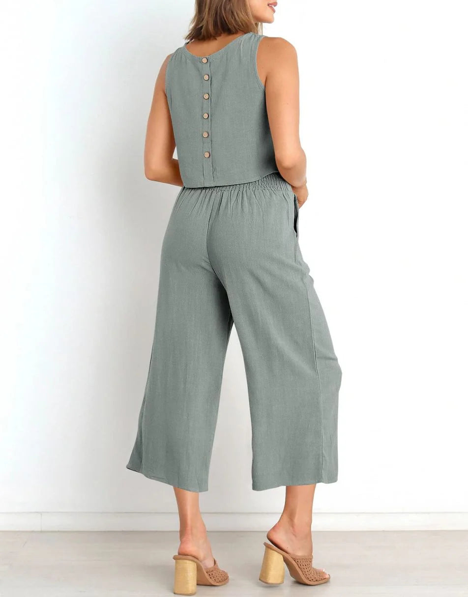 Sleeveless Tank Crop Button Back Top Cropped Pants Set With Pockets