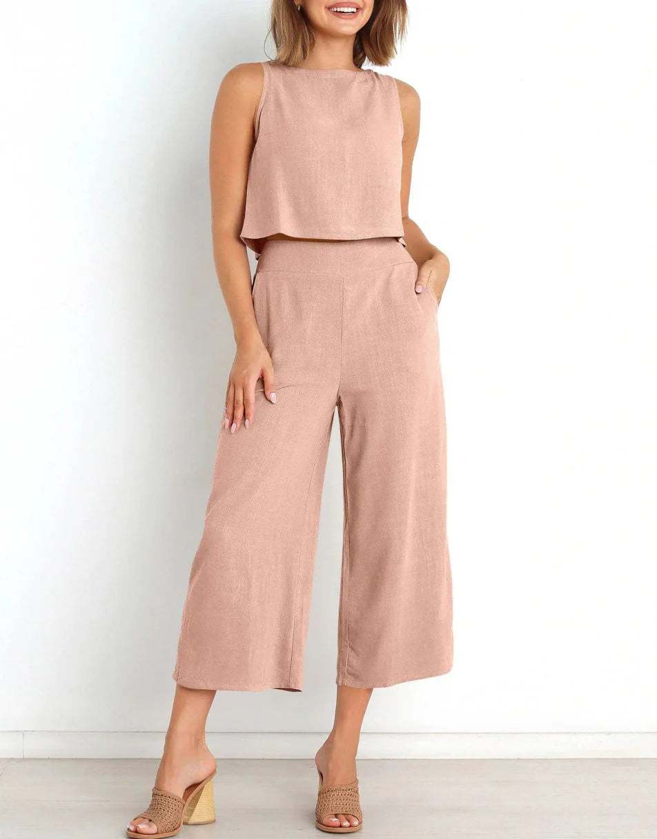 Sleeveless Tank Crop Button Back Top Cropped Pants Set With Pockets