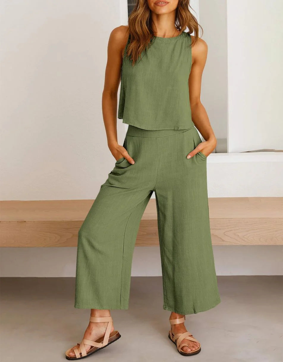 Sleeveless Tank Crop Button Back Top Cropped Pants Set With Pockets
