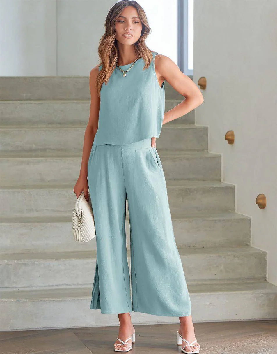 Sleeveless Tank Crop Button Back Top Cropped Pants Set With Pockets