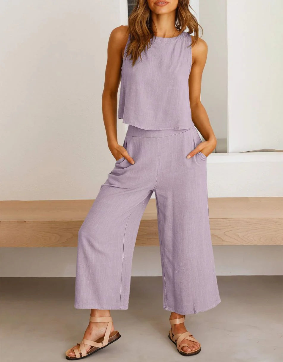 Sleeveless Tank Crop Button Back Top Cropped Pants Set With Pockets