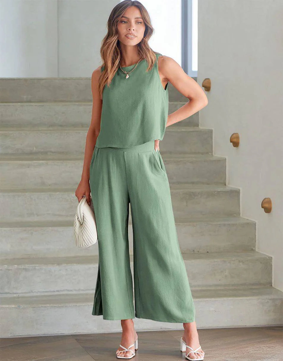 Sleeveless Tank Crop Button Back Top Cropped Pants Set With Pockets