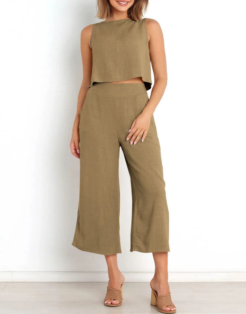 Sleeveless Tank Crop Button Back Top Cropped Pants Set With Pockets