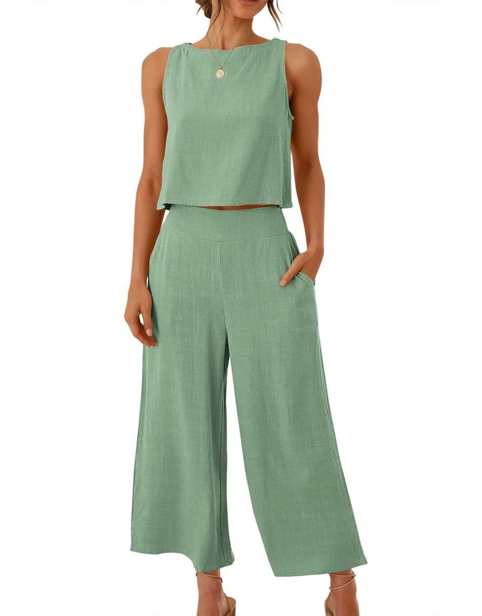 Sleeveless Tank Crop Button Back Top Cropped Pants Set With Pockets