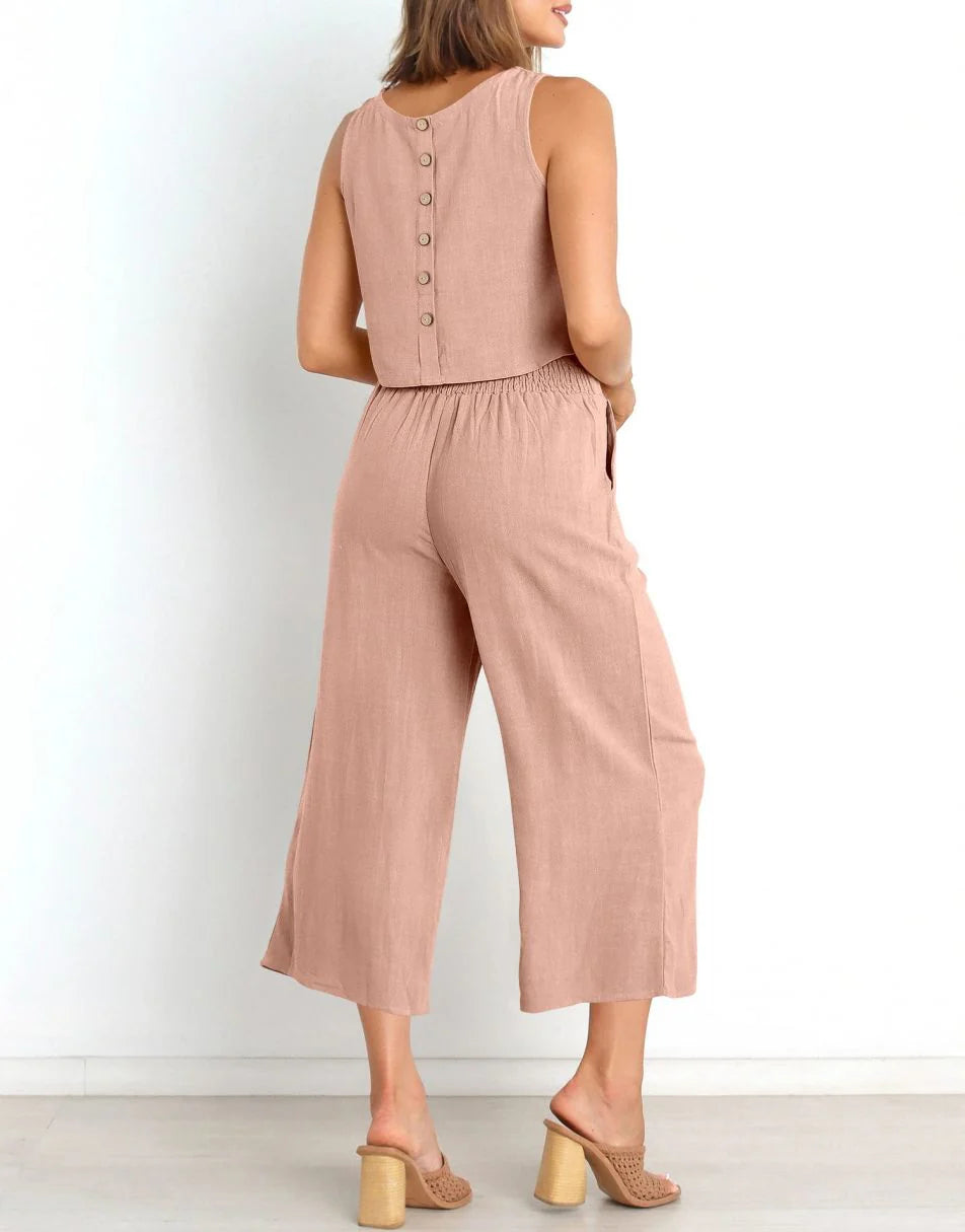 Sleeveless Tank Crop Button Back Top Cropped Pants Set With Pockets