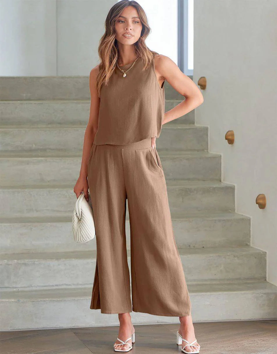 Sleeveless Tank Crop Button Back Top Cropped Pants Set With Pockets