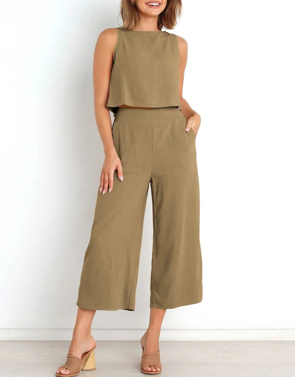 Sleeveless Tank Crop Button Back Top Cropped Pants Set With Pockets