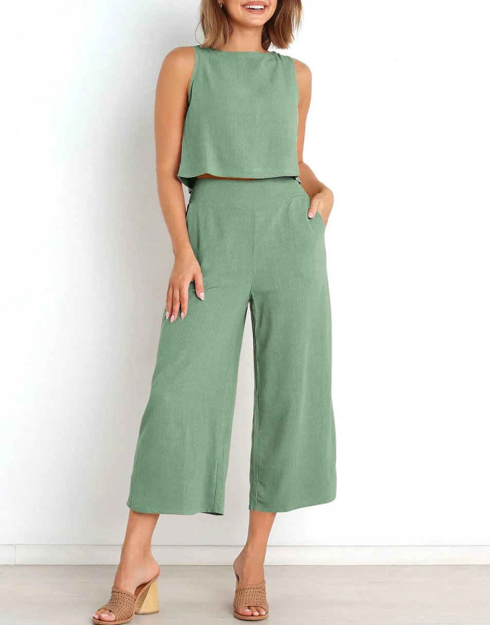 Sleeveless Tank Crop Button Back Top Cropped Pants Set With Pockets