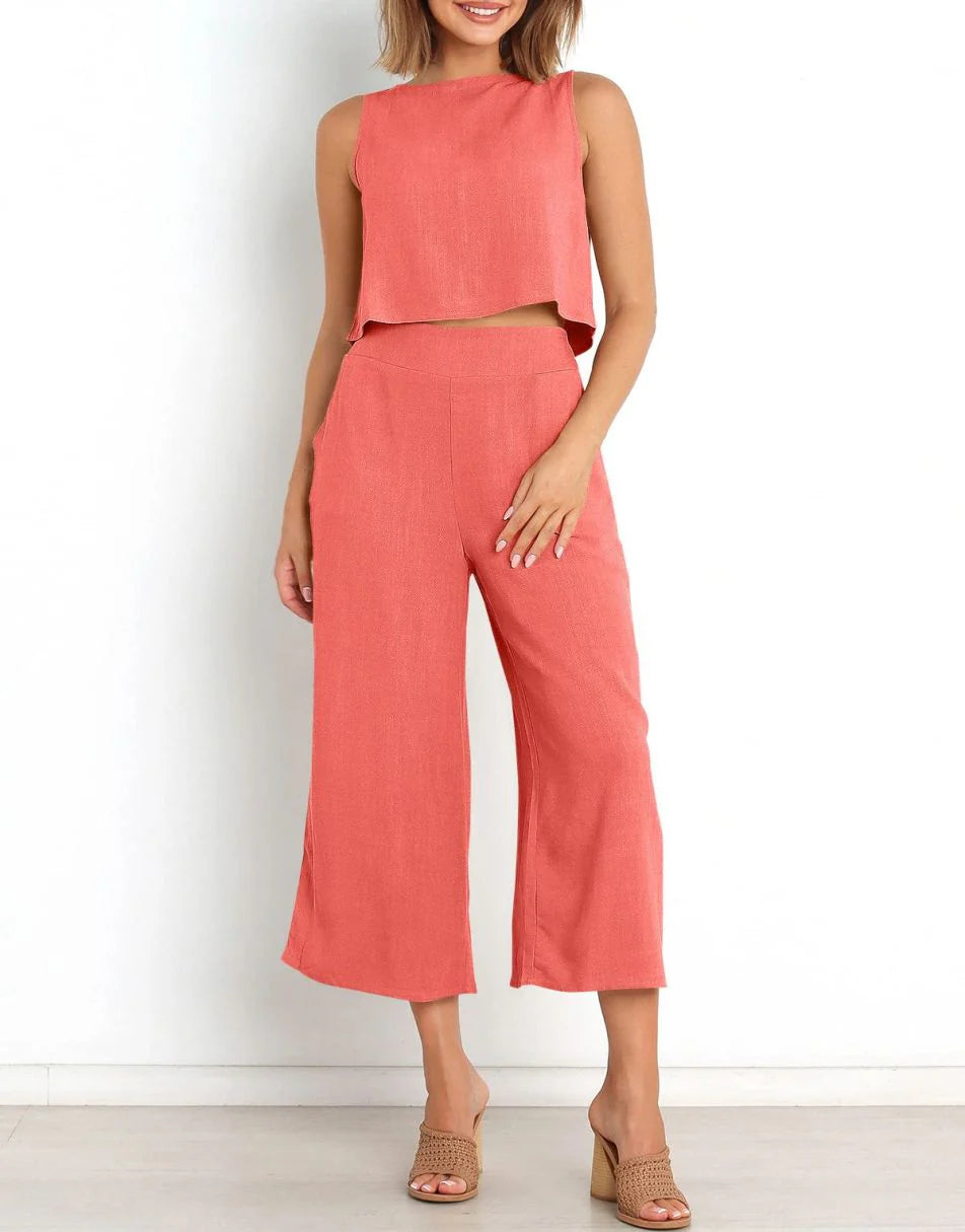 Sleeveless Tank Crop Button Back Top Cropped Pants Set With Pockets