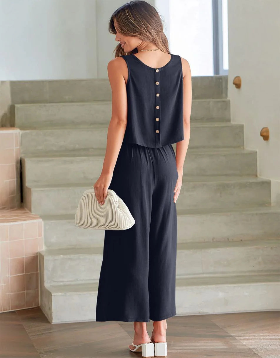 Sleeveless Tank Crop Button Back Top Cropped Pants Set With Pockets