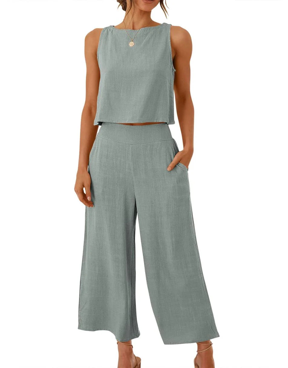 Sleeveless Tank Crop Button Back Top Cropped Pants Set With Pockets