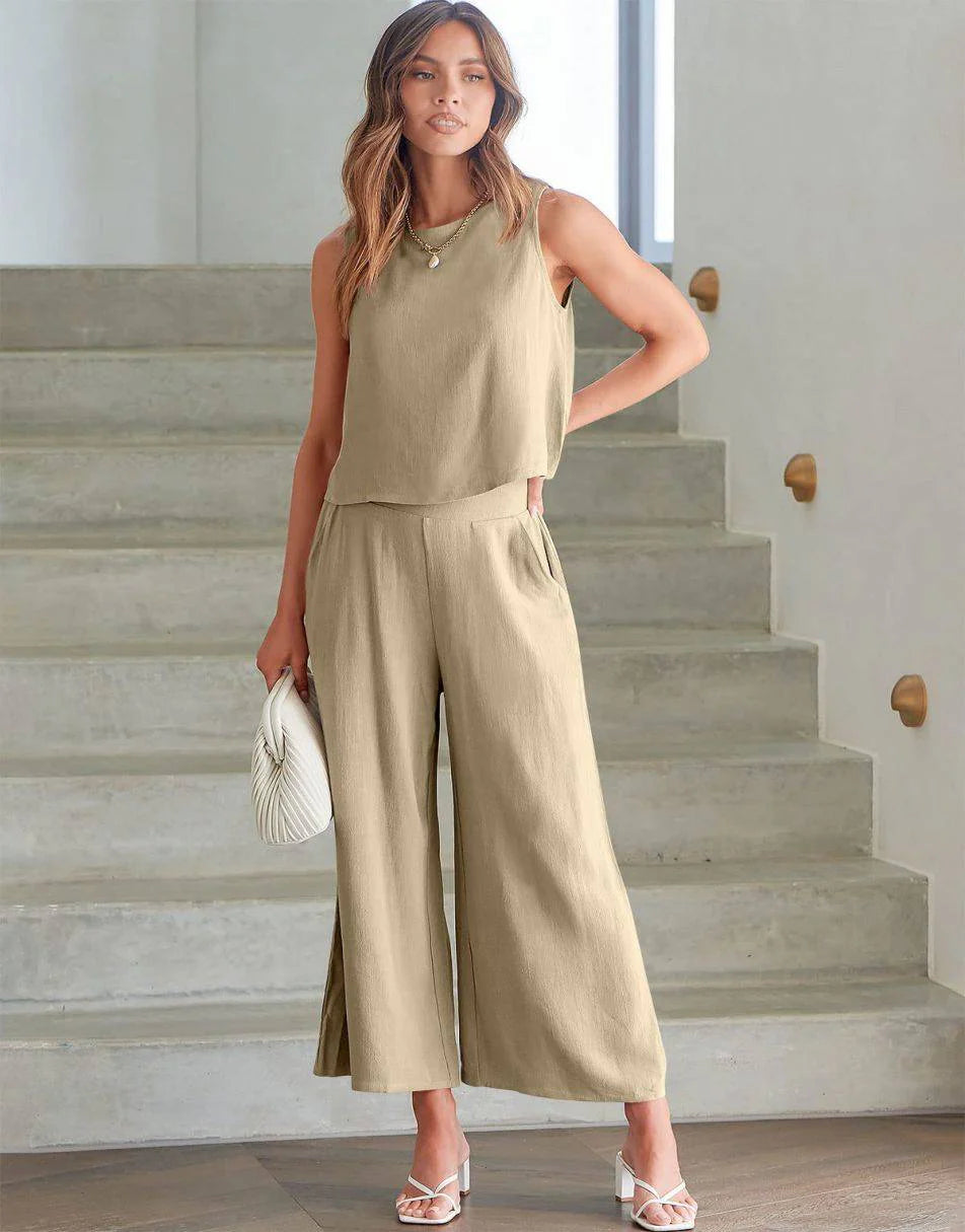Sleeveless Tank Crop Button Back Top Cropped Pants Set With Pockets