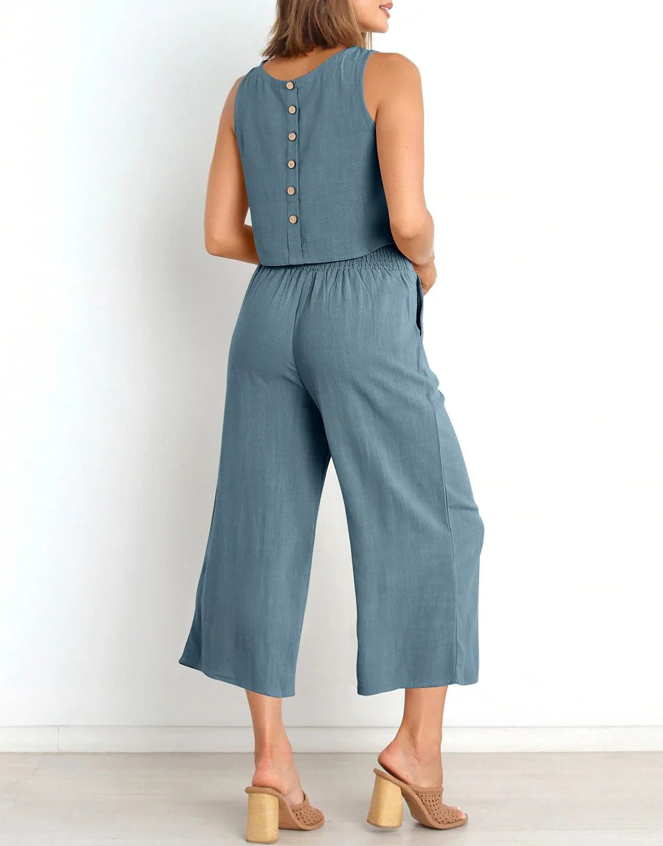 Sleeveless Tank Crop Button Back Top Cropped Pants Set With Pockets