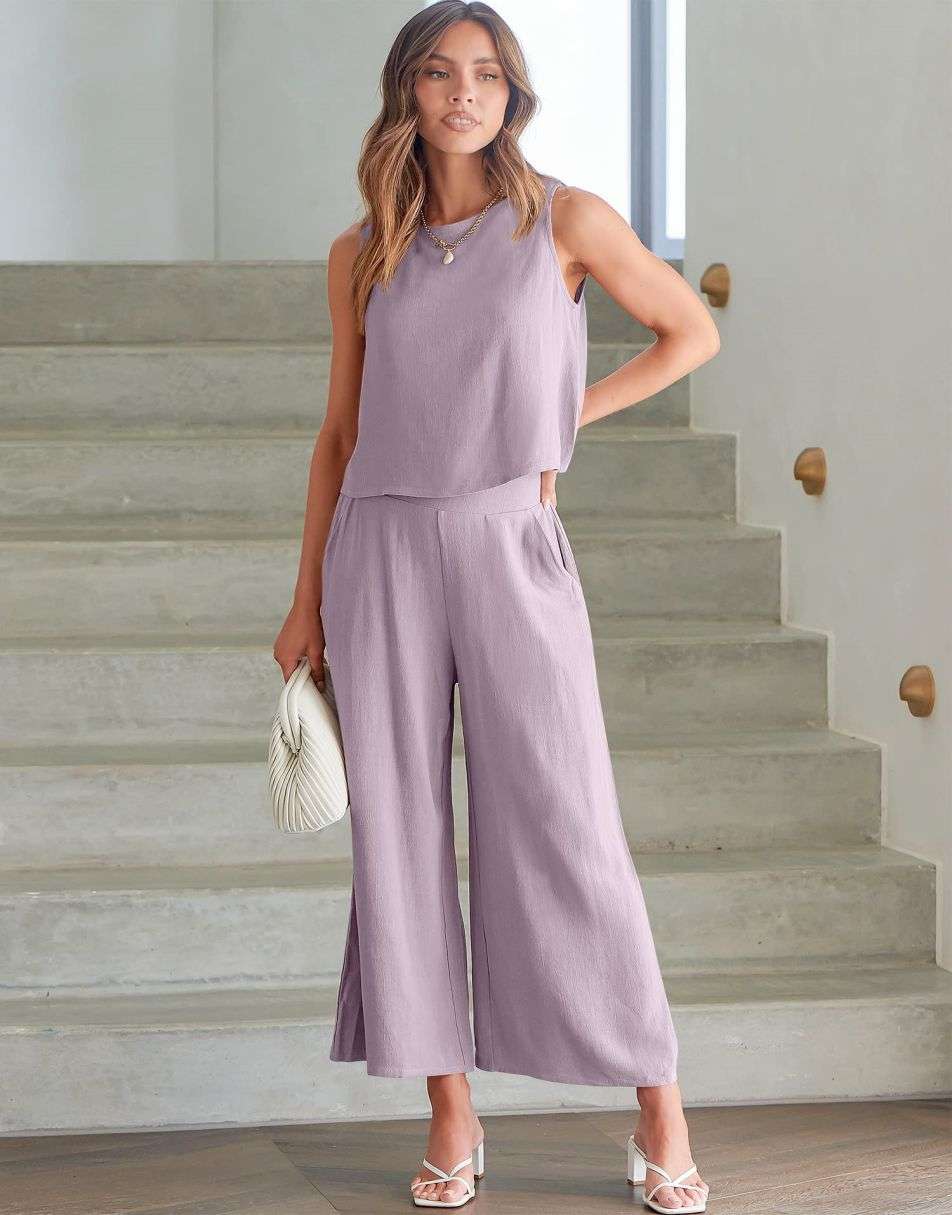 Sleeveless Tank Crop Button Back Top Cropped Pants Set With Pockets