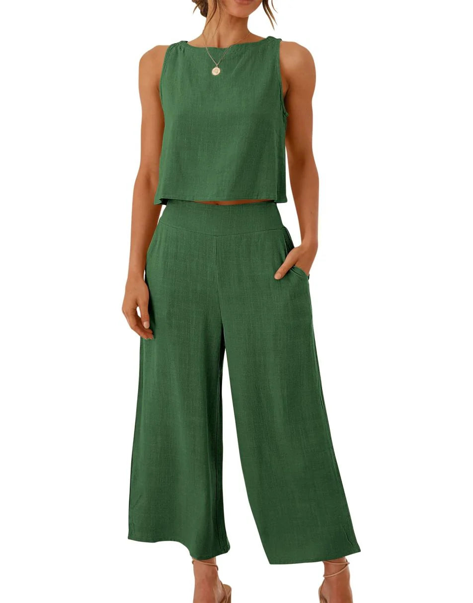Sleeveless Tank Crop Button Back Top Cropped Pants Set With Pockets
