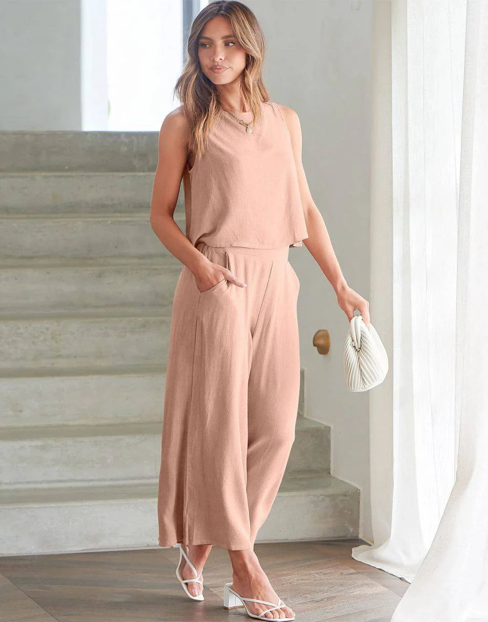 Sleeveless Tank Crop Button Back Top Cropped Pants Set With Pockets