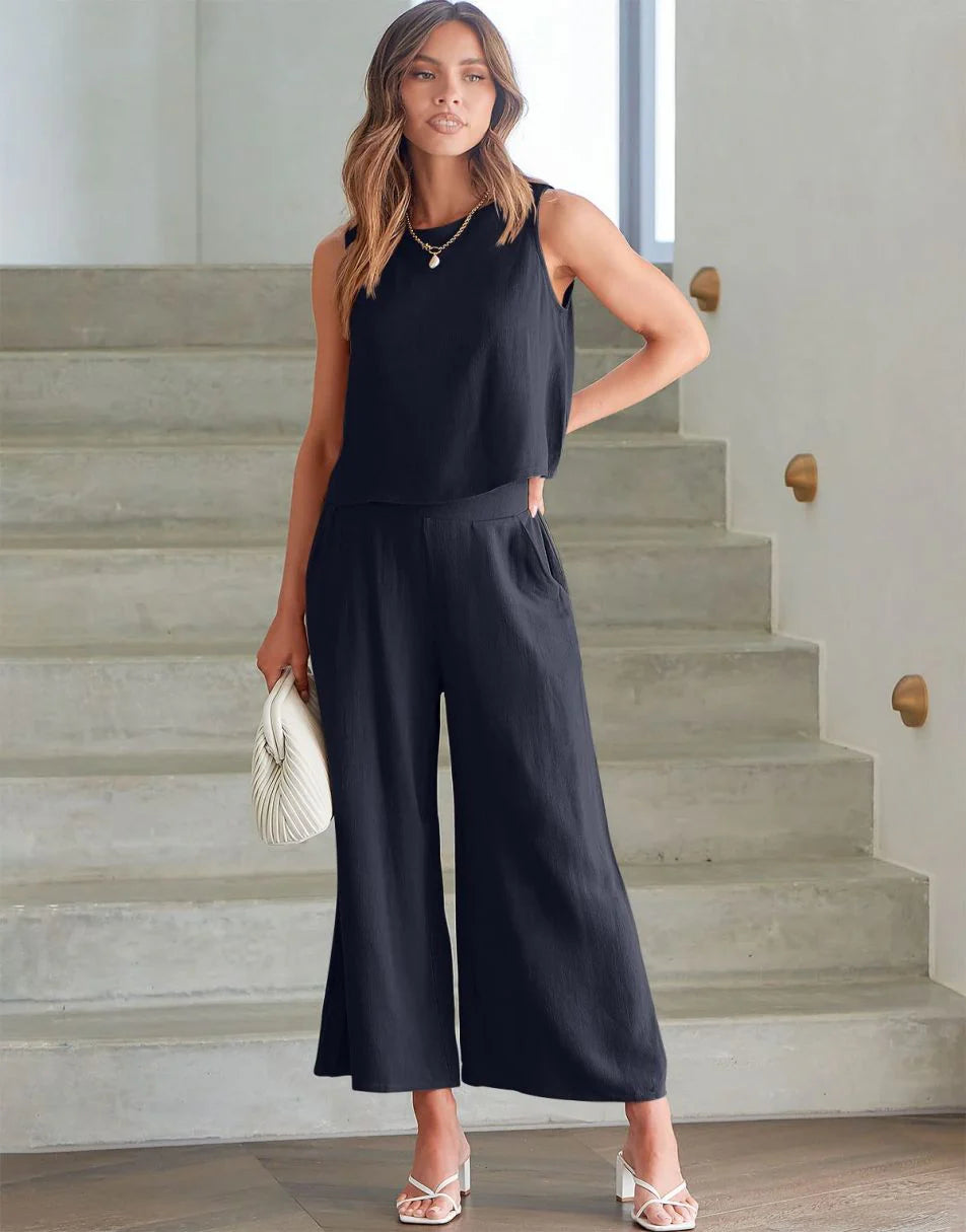 Sleeveless Tank Crop Button Back Top Cropped Pants Set With Pockets
