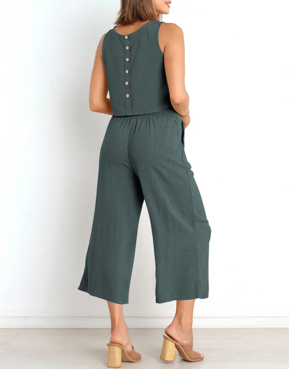 Sleeveless Tank Crop Button Back Top Cropped Pants Set With Pockets