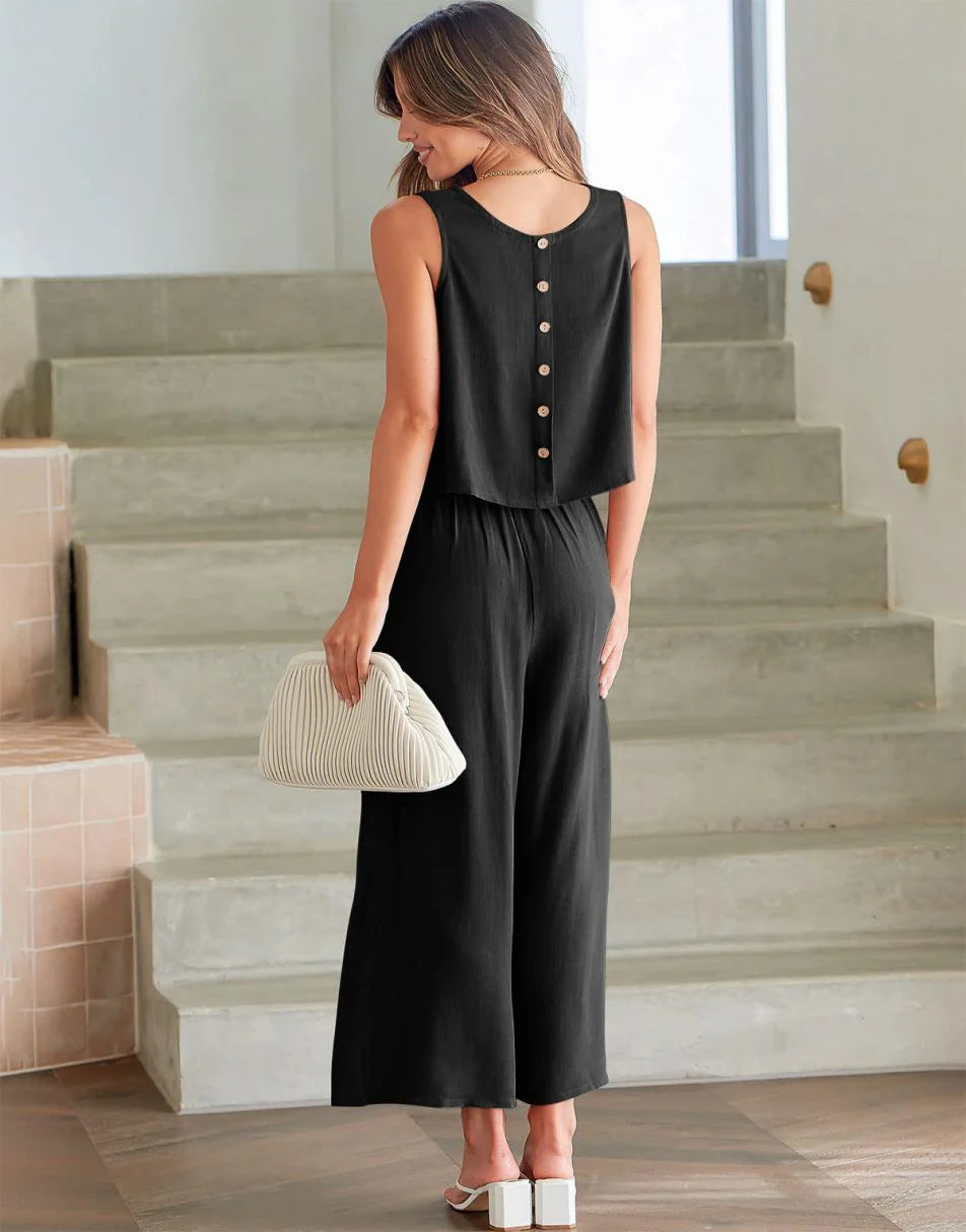 Sleeveless Tank Crop Button Back Top Cropped Pants Set With Pockets