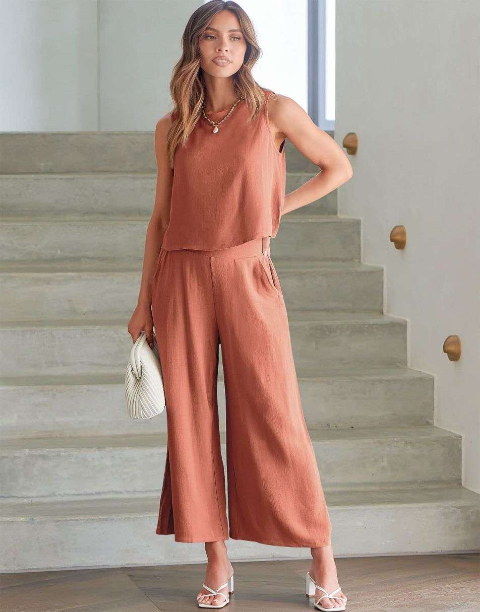 Sleeveless Tank Crop Button Back Top Cropped Pants Set With Pockets