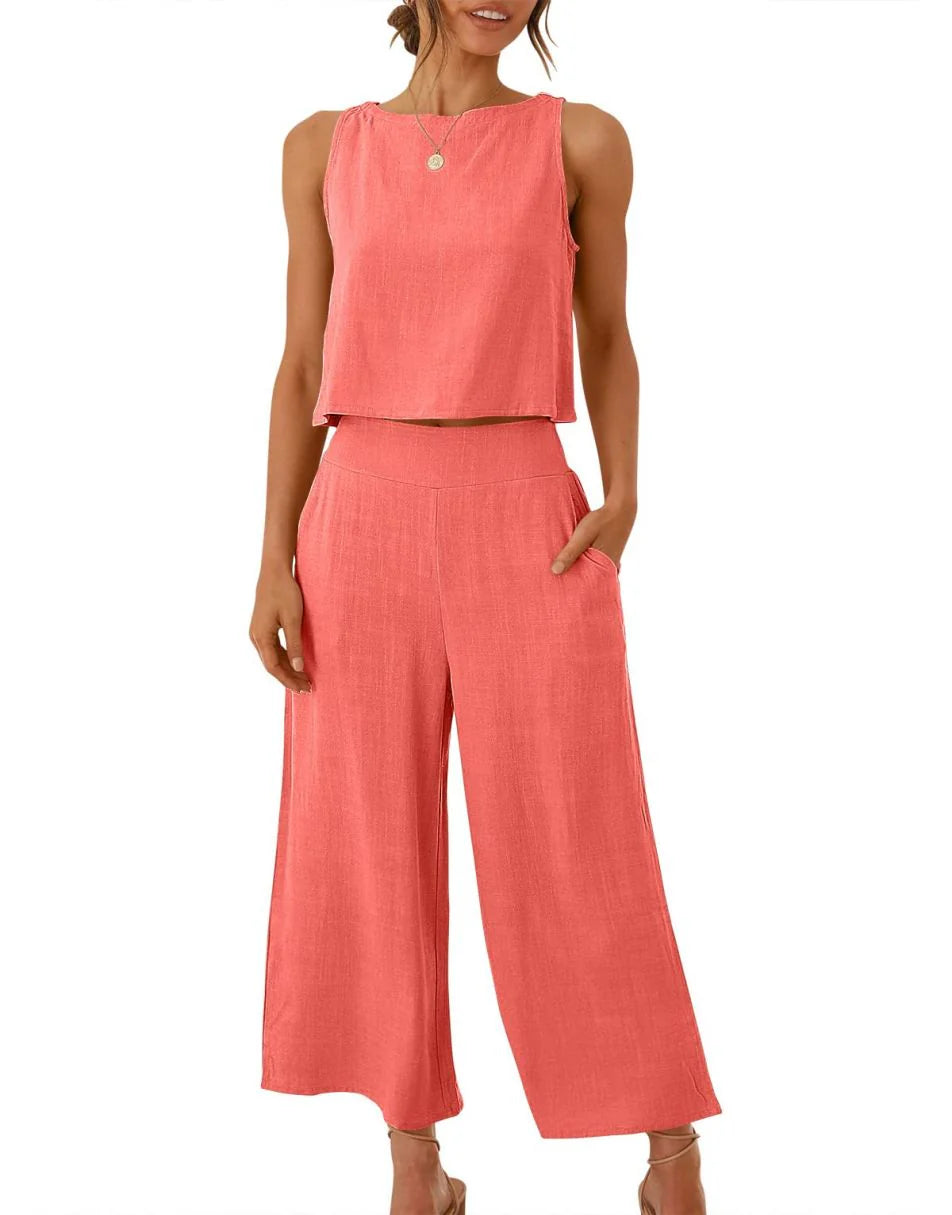 Sleeveless Tank Crop Button Back Top Cropped Pants Set With Pockets
