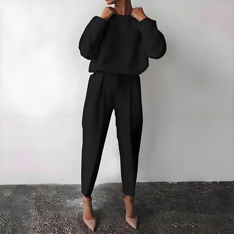 Women’s Solid Color 2-Piece Set – Long Sleeve Top & Pleated Pants Loungewear